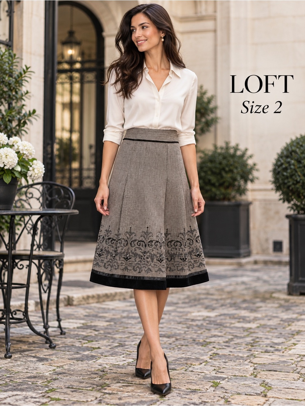 LOFT Herringbone Wool Blend Embroidered Sequin A-Line Skirt Size 2